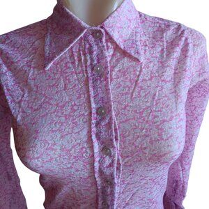Small Vintage 1960's Pink Top True Mod Bodysuit Long Sleeve Lace Sheer Blouse